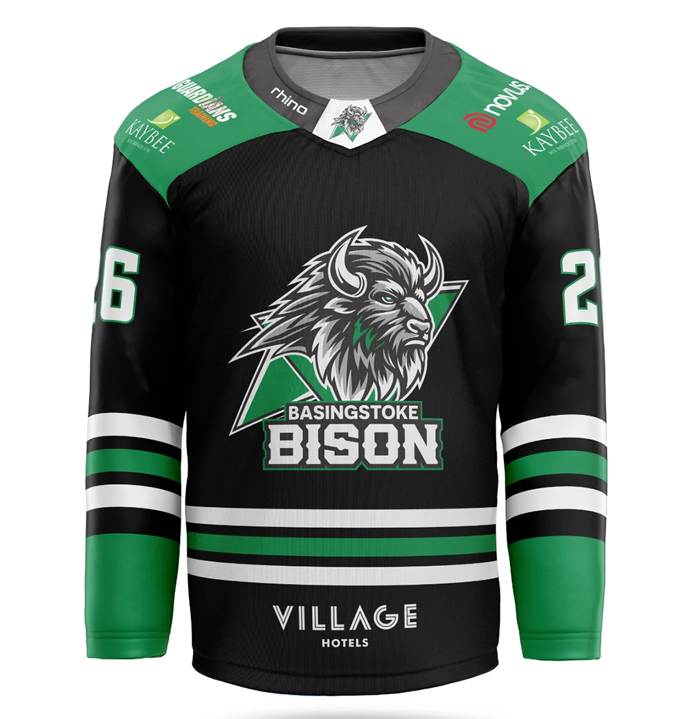Basingstoke Bison 2026/27 black jersey with the Novus Design logo on the shoulder