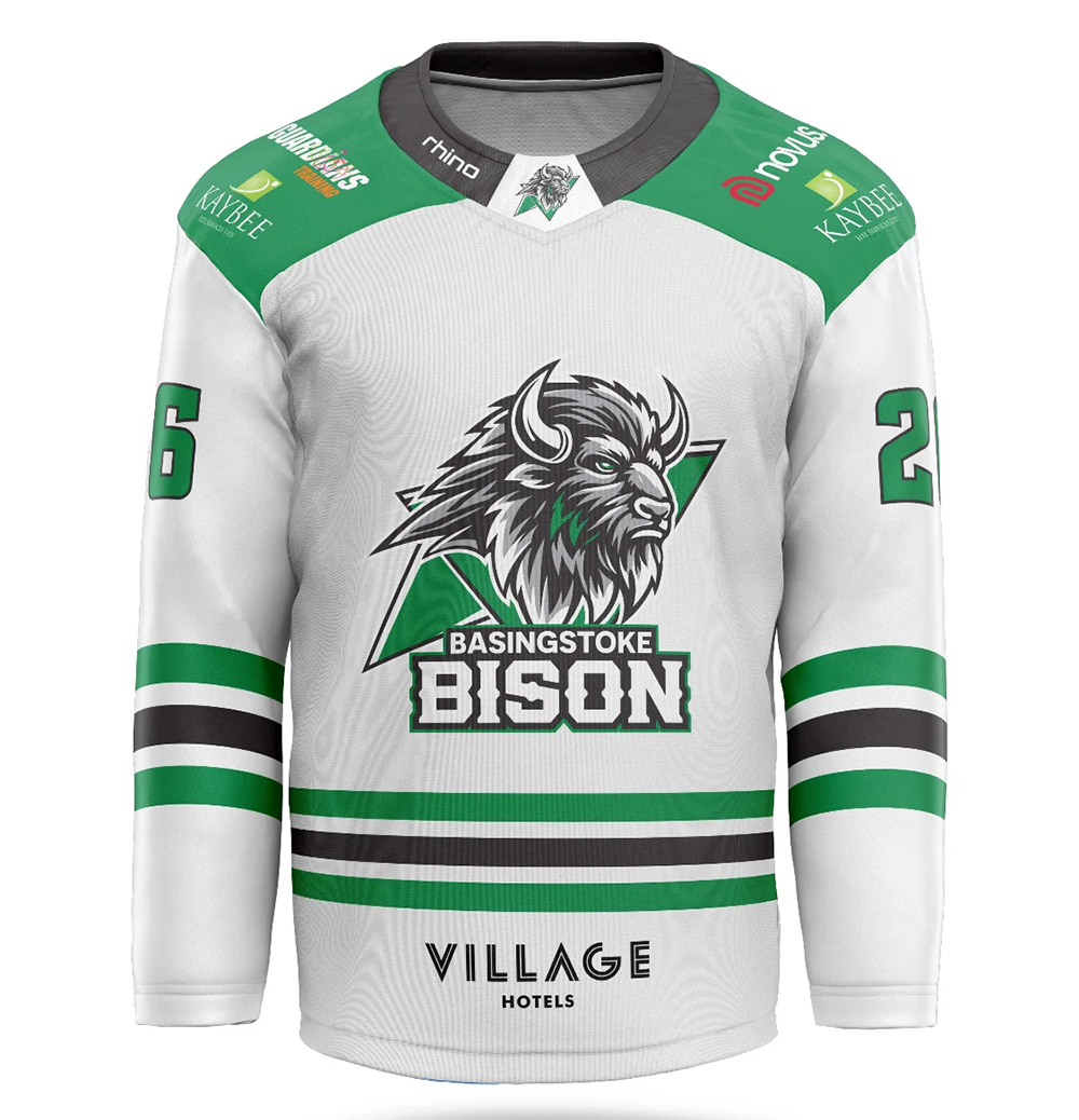 Basingstoke Bison 2026/27 white jersey with the Novus Design logo on the shoulder